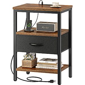SUPERJARE Nightstand w/Charging Station, Bed Side Table w/Adjustable Fabric Drawer, Night Stand for Bedroom, Rustic Brown and Black $29.98