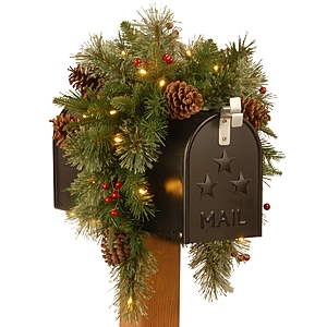 National Tree Company 36" Feel Real(R) Colonial Mail Box Swag with 8 Pine Cones, 8 Red Berries and 15 Warm White Battery Operated Led Lights w/Timer - $17.99