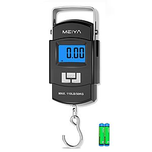 MEIYA Fish Scale 110lb/50kg Digital Fishing Scale with Backlit LCD,Portable Handle,Stainless Steel Hook & 2 AAA Batteries $6.99