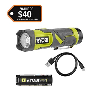 Select Stores: 600-Lumen RYOBI LED 3-Mode Flashlight w/ 2.0 Ah Battery & Cable $14 (In-Store Only)