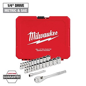 YMMV - Select Home Depot Stores: Milwaukee 1/4 in. Drive SAE/Metric Ratchet and Socket Mechanics Tool Set (25-Piece). In-Store Clearance $19