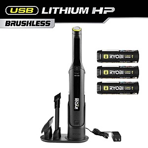 RYOBI USB Lithium HP Compact Hand Vacuum Cleaner Kit with (3) USB Lithium 2.0 Ah Batteries and Charger $79.98