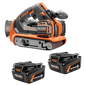 RIDGID 18V 6.0 Ah MAX Output Lithium-Ion Batteries (2-Pack) with 18V Cordless Belt Sander $229