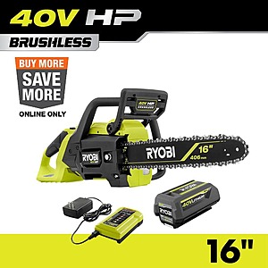 RYOBI 40V HP Brushless 16 in. Battery Chainsaw with 4.0 Ah Battery and Charger $239