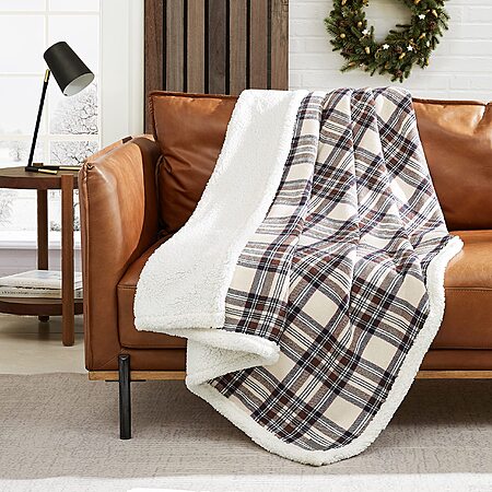 Eddie Bauer - Blanket, 50" x 60" Soft Reversible Sherpa & Brushed Fleece Bedding, Perfect for Lounging, Dorm Essentials (Edgewood Plaid Khaki) $14.71