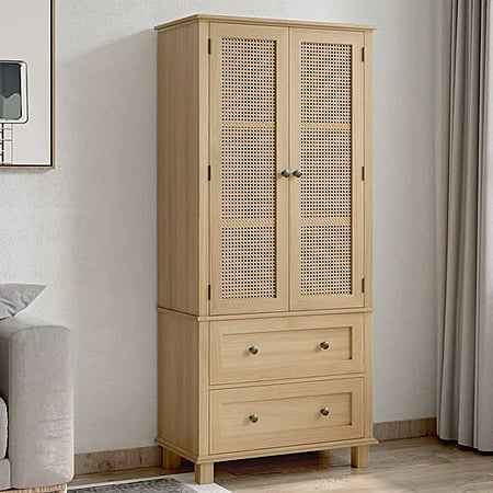 Homfa Rattan Cabinet w/Doors and 2 Drawers, Tall Storage Cabinet, Narrow Accent Versatile Cabinet for Living/Dining Room, Oak. $159.89