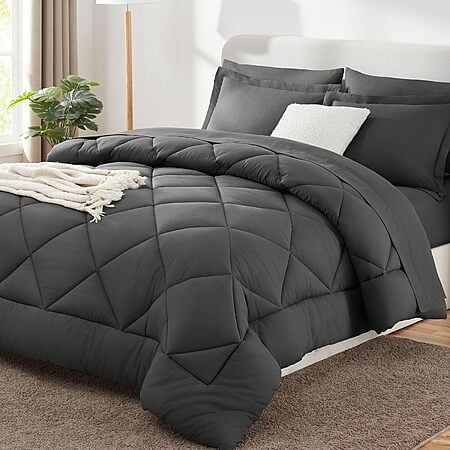 CozyLux Queen Comforter Set Dark Grey - Bed in a Bag Queen Size 7 Pieces Incl Comforter, Sheets, Pillowcases & Shams, Dark Gray, Queen $29.99