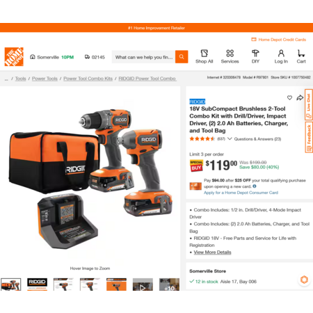 RIDGID 18V SubCompact Brushless 2-Tool Combo Kit with Drill/Driver, Impact Driver, (2) 2.0 Ah Batteries, Charger, and Tool Bag $119