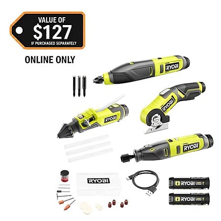 RYOBI USB Lithium 4-Tool Hobby Combo Kit with Cutter, Rotary Tool, Carver, Glue Pen, Batteries, and USB Charging Cable $99