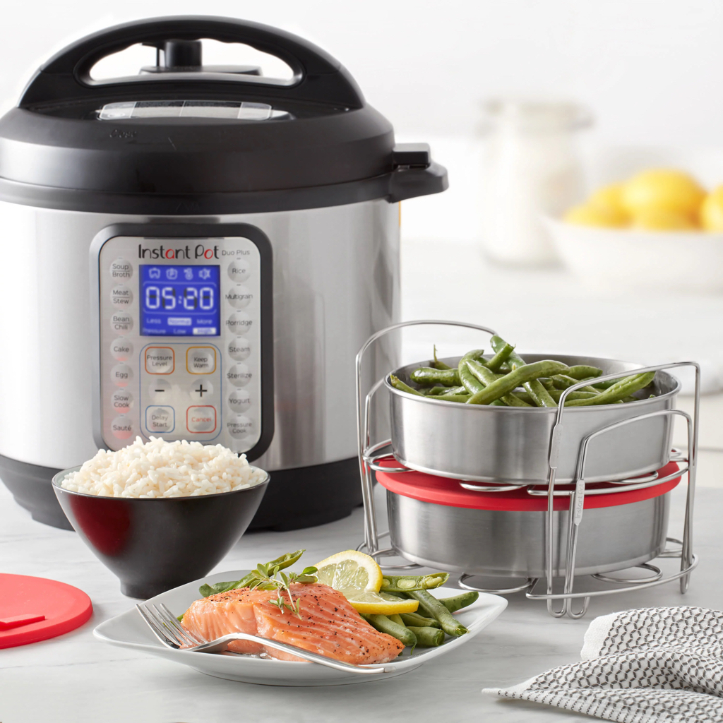 Discounted official accessories for Instant Pot. Cook/Bake Set: 2 Pans, 2 Wire Racks, 2 Red Silicone Lids, 1 Removable Divider, and Removable Base