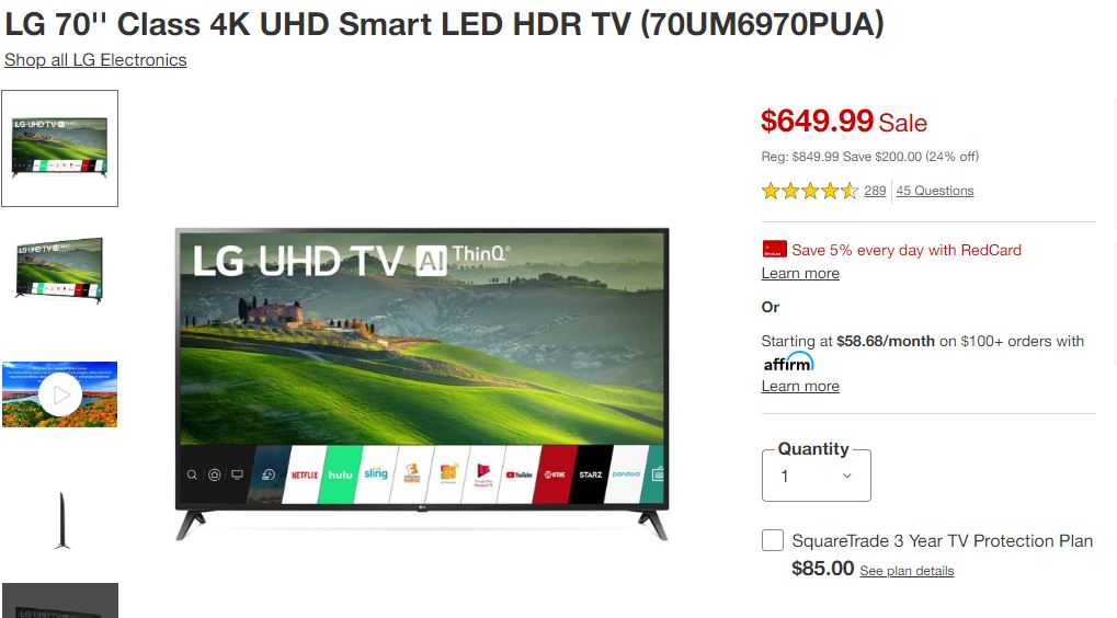 LG 70'' Class 4K UHD Smart LED HDR TV $617.5 YMMV