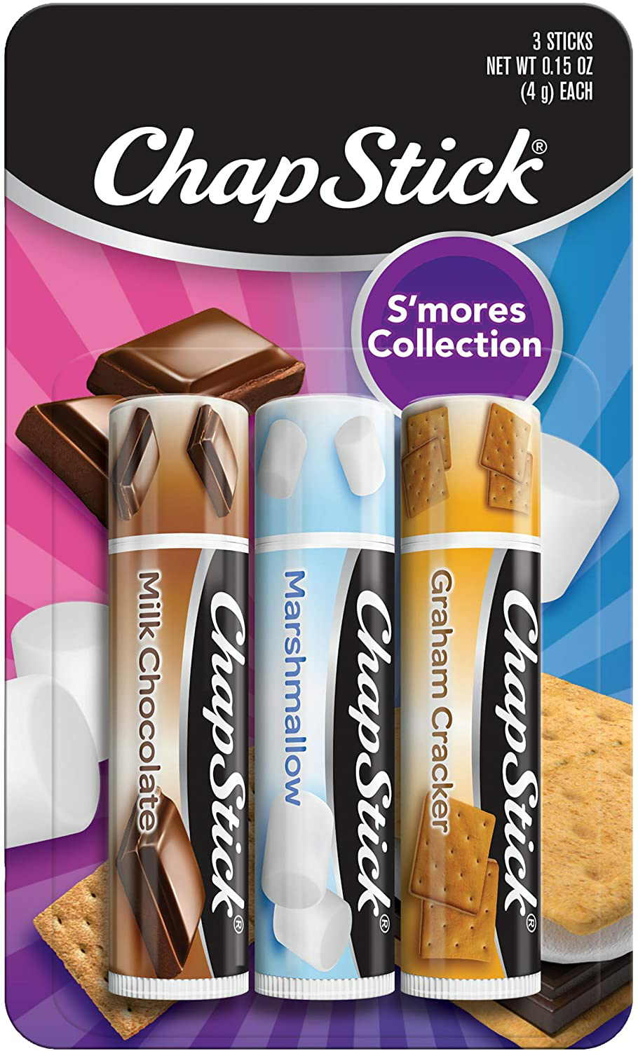 ChapStick S'mores Collection Graham Cracker, Marshmallow and Milk Chocolate Flavored Lip Balm Tubes Variety Pack, Lip Care - 0.15 Oz (Pack of 3) : Beauty & Personal Car $1.80