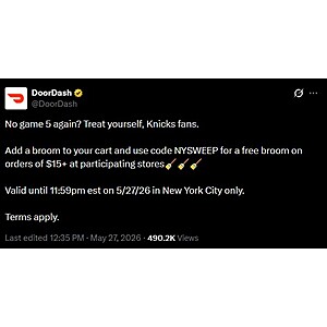 DoorDash New York City: Free Broom on Orders of $15+