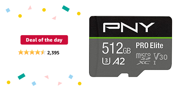 Deal of the day: PNY 512GB PRO Elite Class 10 U3 V30 microSDXC Flash Memory Card - 100MB/s, Class 10, U3, V30, A2, 4K UHD, Full HD, UHS-I, micro SD for $55  - $55