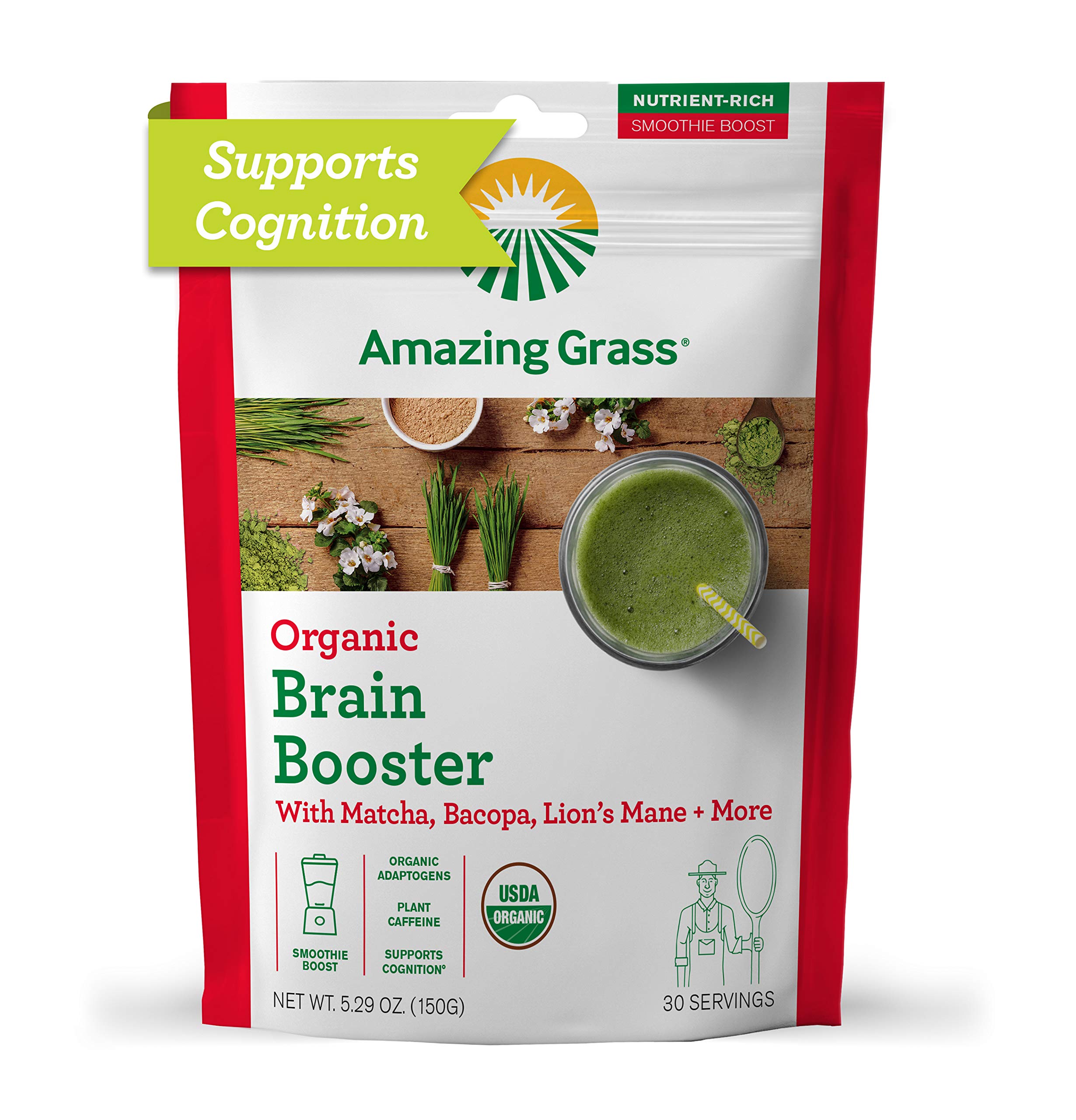 5.29 oz, Amazing Grass Brain Booster Organic Greens Powder 30 Servings, (Pack Of 12) - $17.99 Amazon