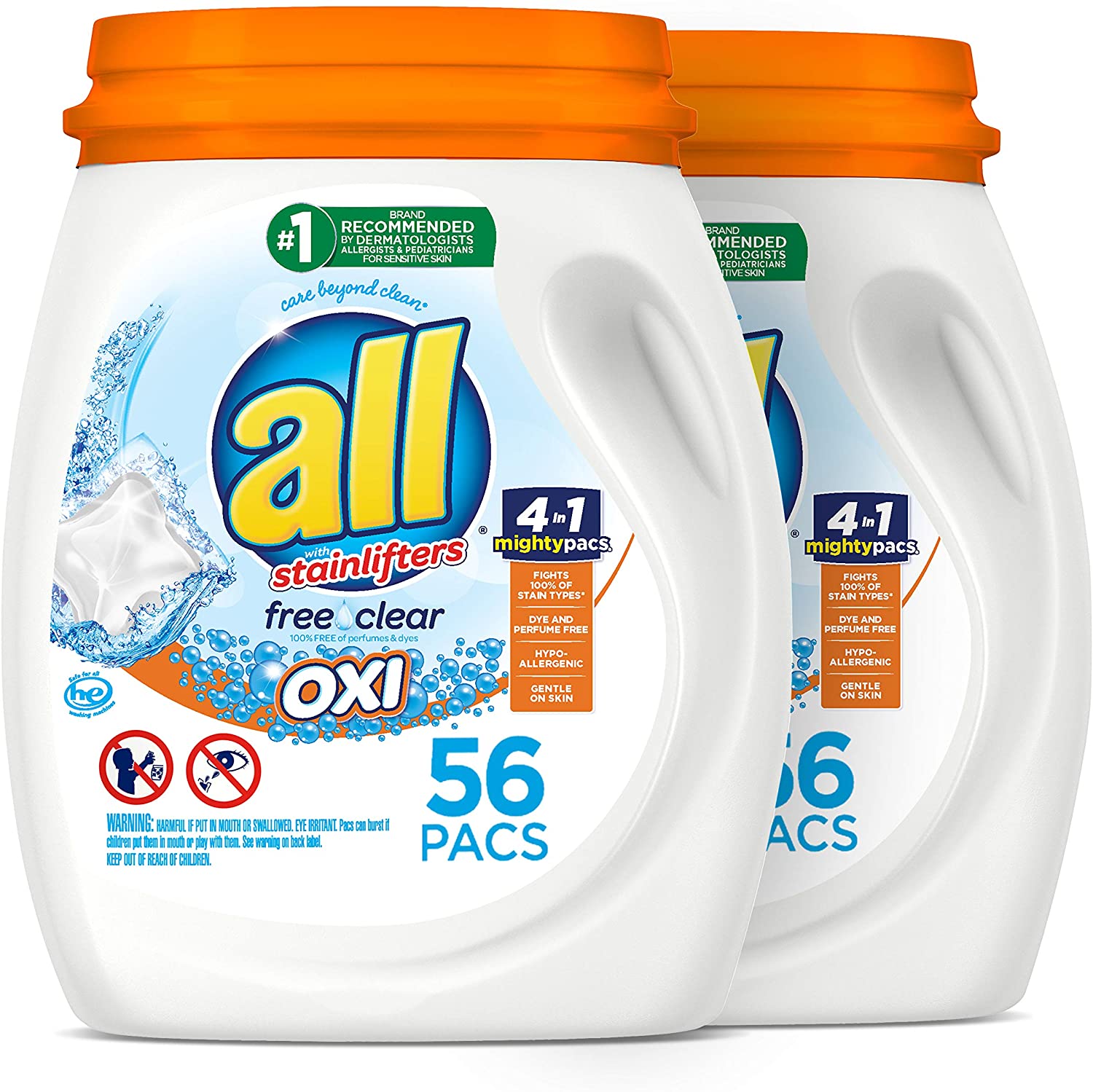 2-Pack 56-Count all Mighty Pacs Laundry Detergent with OXI Stain Removers and Whiteners (Free & Clear, 112 Total Loads) $13.30 + Free S&H w/ Prime or $25+