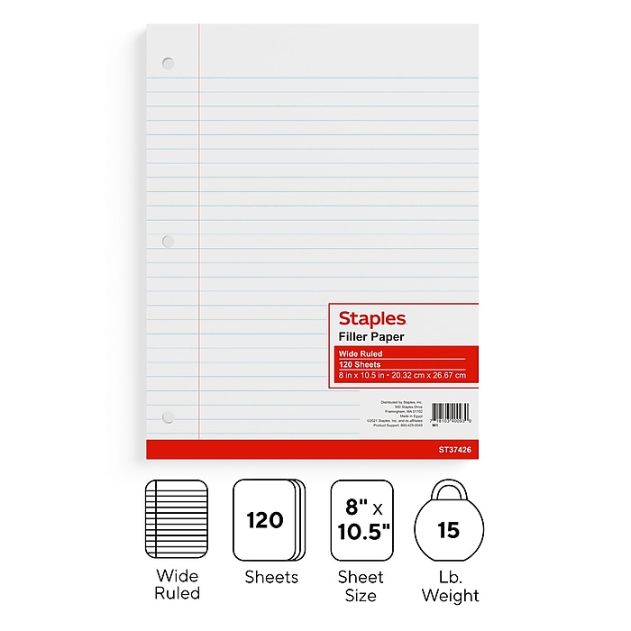 120-Sheet 8" x 10.5" (Wide or College Ruled) Filler Paper $0.85, 70-Sheet TRU RED 8" x 10.5" 1-Subject Notebook (Wide or College Ruled) $0.35 & More at Staples w/ Free Store Pickup