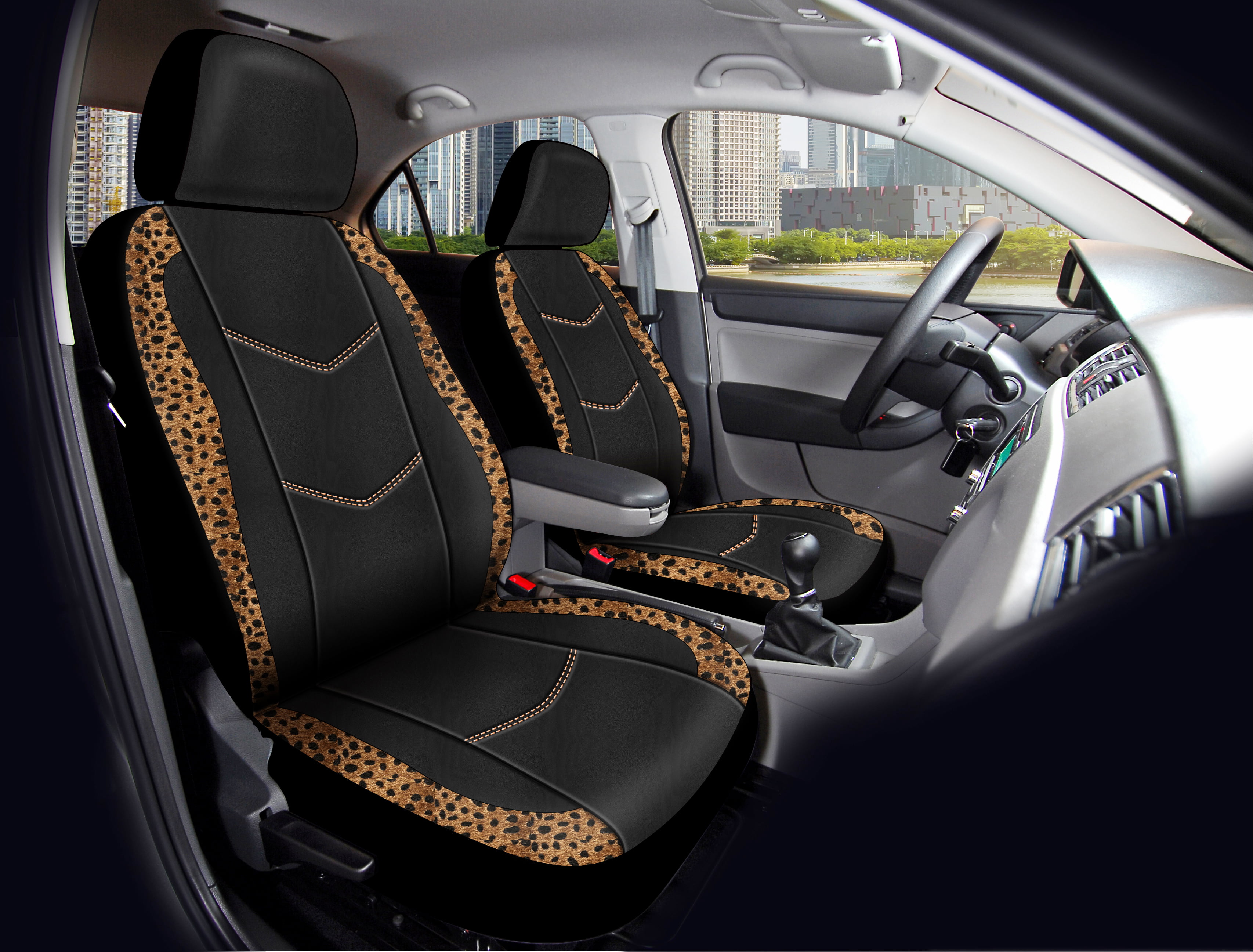 Set of 2 Auto Drive Brown Leopard Faux Leather Car Seat Covers (YT014