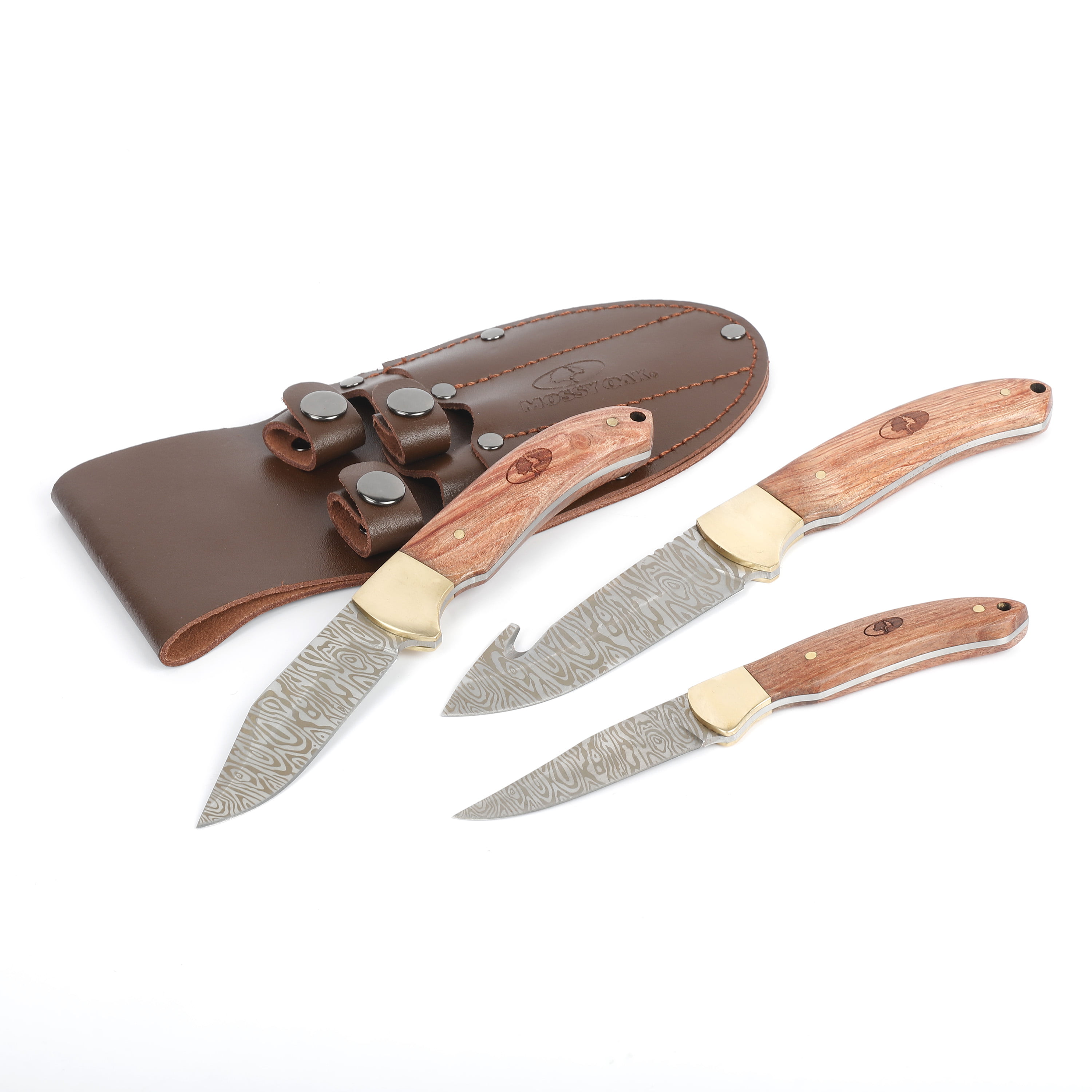 Mossy Oak 3 Piece Wood Finish Stainless Steel Knife Set with Leather Sheath (Brown) $15 + Free S&H w/ Walmart+ or $35+