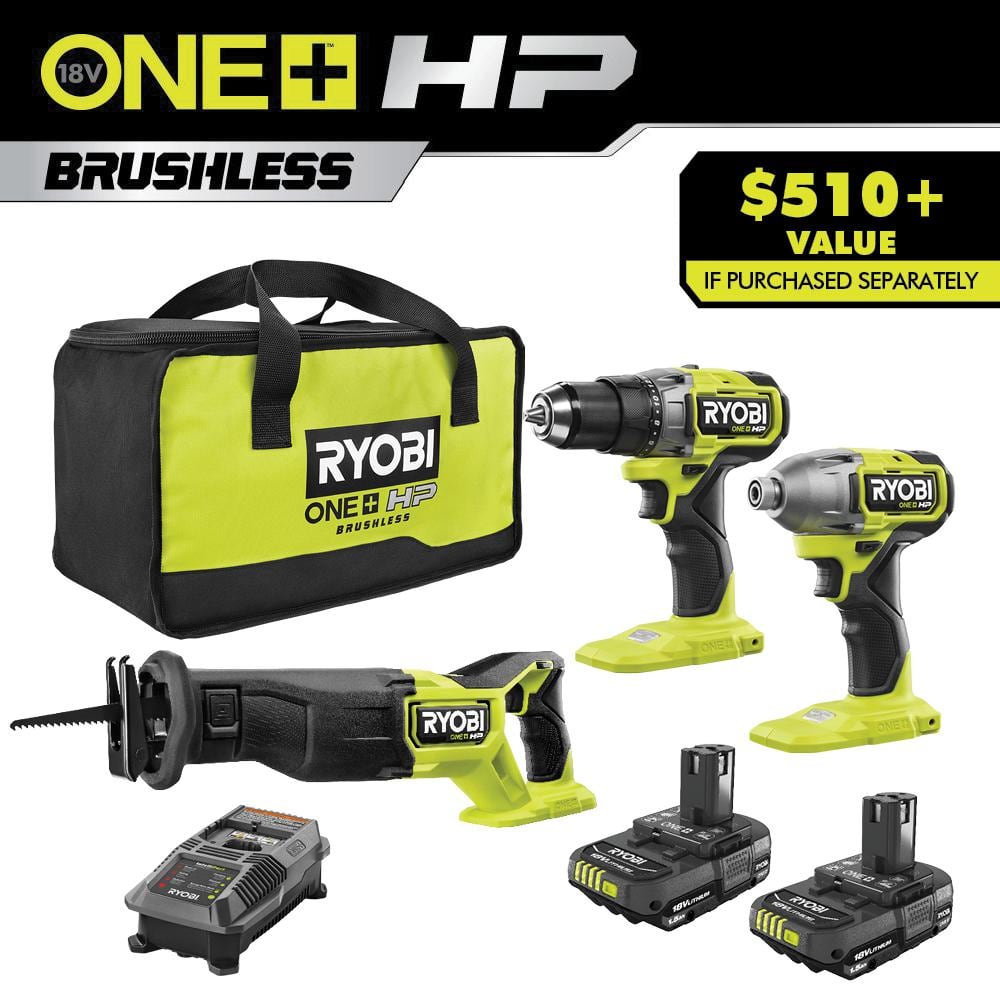 RYOBI ONE+ HP 18V Brushless Cordless 3-Tool Combo Kit with (2) 1.5 Ah Batteries, Charger, and Bag $149 + Free Shipping