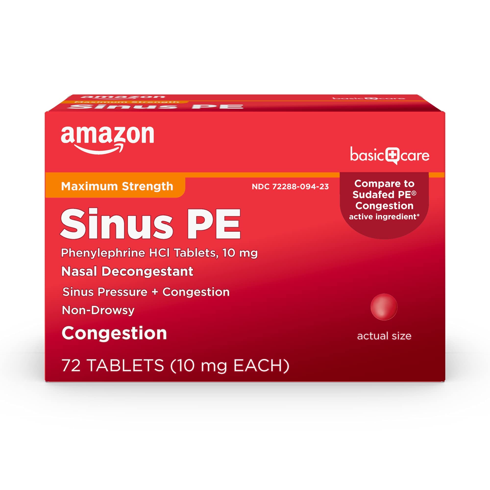 72-Count Amazon Basic Care Maximum Strength Nasal Decongestant PE - Phenylephrine HCl (10 mg Tablets) $4.25 w/ S&S + Free S&H w/ Prime or $25+