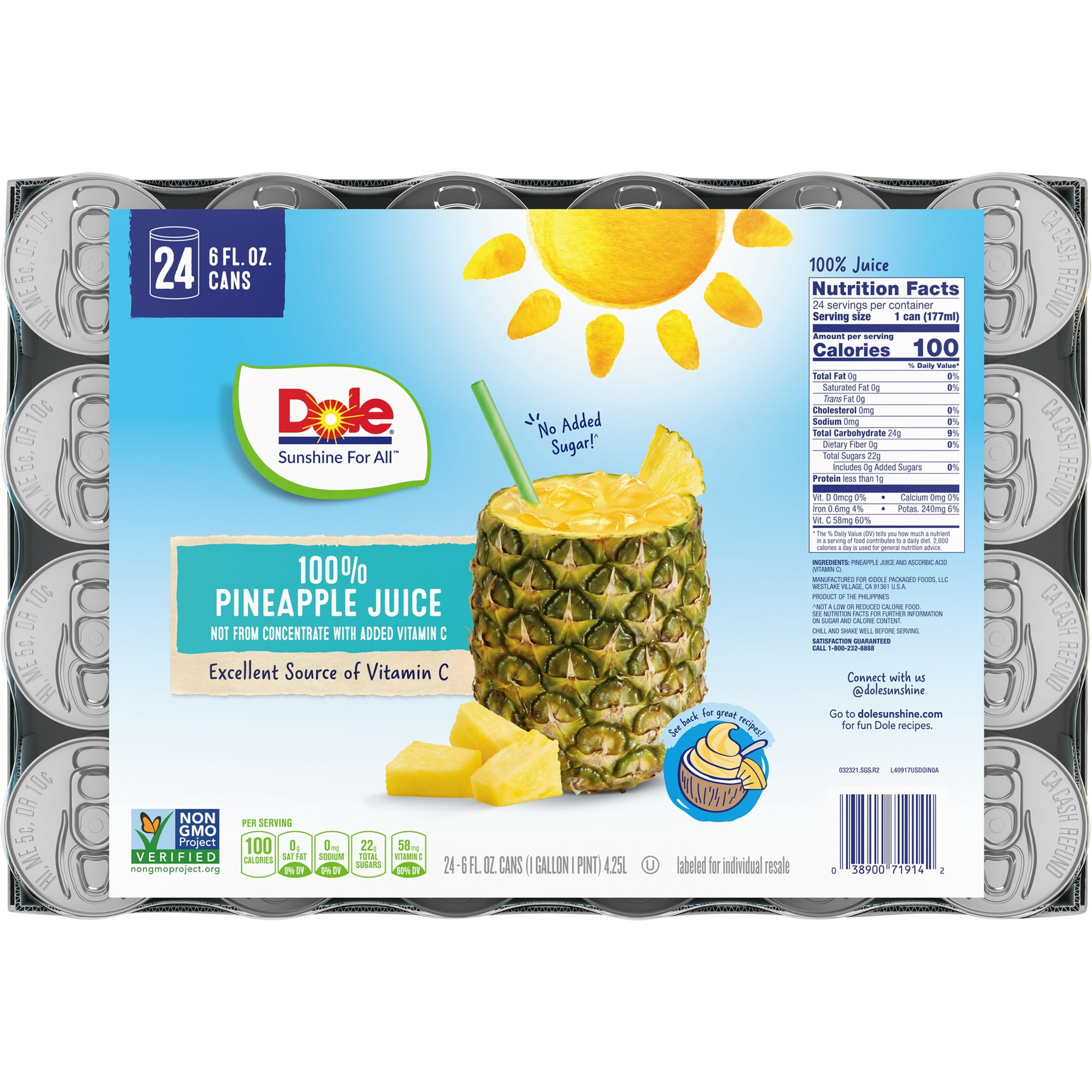24-Count 6-Oz Dole All Natural 100% Pineapple Juice Cans $10.70 + Free S&H w/ Walmart+ or $35+
