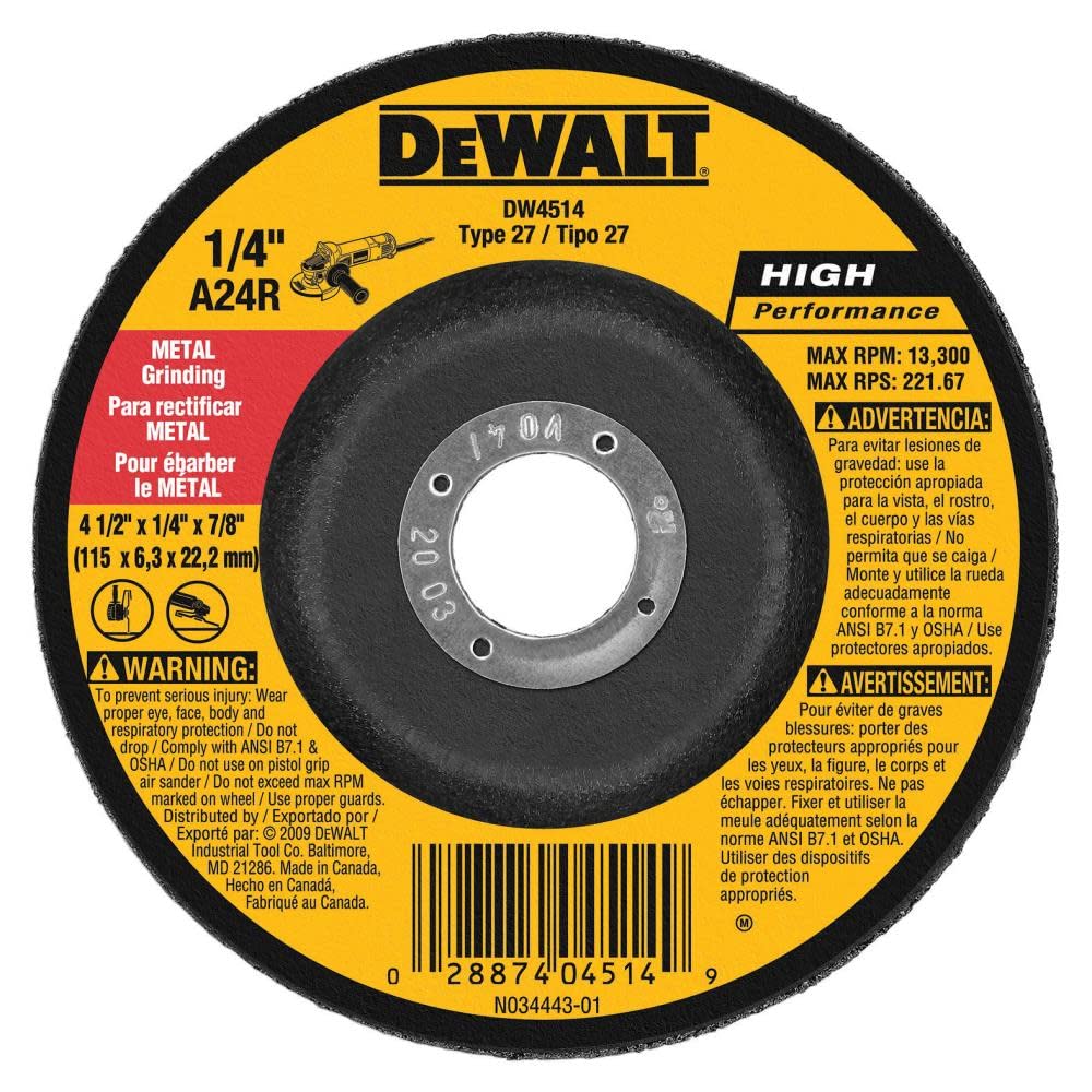 DeWALT DW4514 1/4" Thick Grinding Wheel (4.5" Diameter, 7/8" Arbor) $1.65 & More + Free Shipping w/ Prime or on $35+