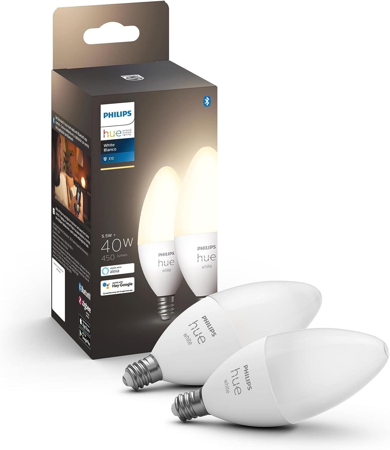 2-Pack Philips Hue 40W White LED E12 Smart Candle Bulbs w/ Bluetooth, Zigbee, Alexa, & Google Compatibility $18 + Free Shipping w/ Prime or on $35+