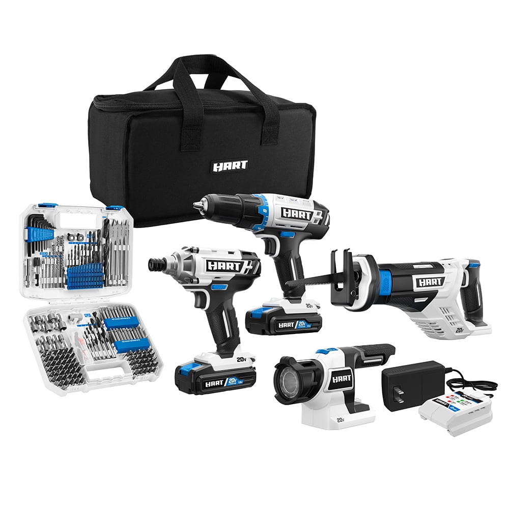 HART 20-Volt Cordless 4-Tool Combo Kit & 200-Piece Drill & Driver Accessory Kit, 16" Storage Bag, Charger & (2) 20-Volt 1.5Ah Lithium-Ion Battery $130 + Free Shipping