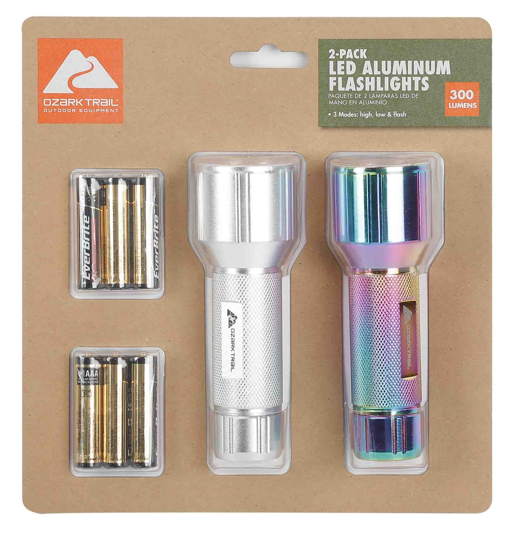 2-Pack Ozark Trail LED 300 Lumens Handheld Aluminum Flashlights w/ 6 AAA Batteries (Silver & Iridescent) $6.05 & More + Free S&H w/ Walmart+ or $35+