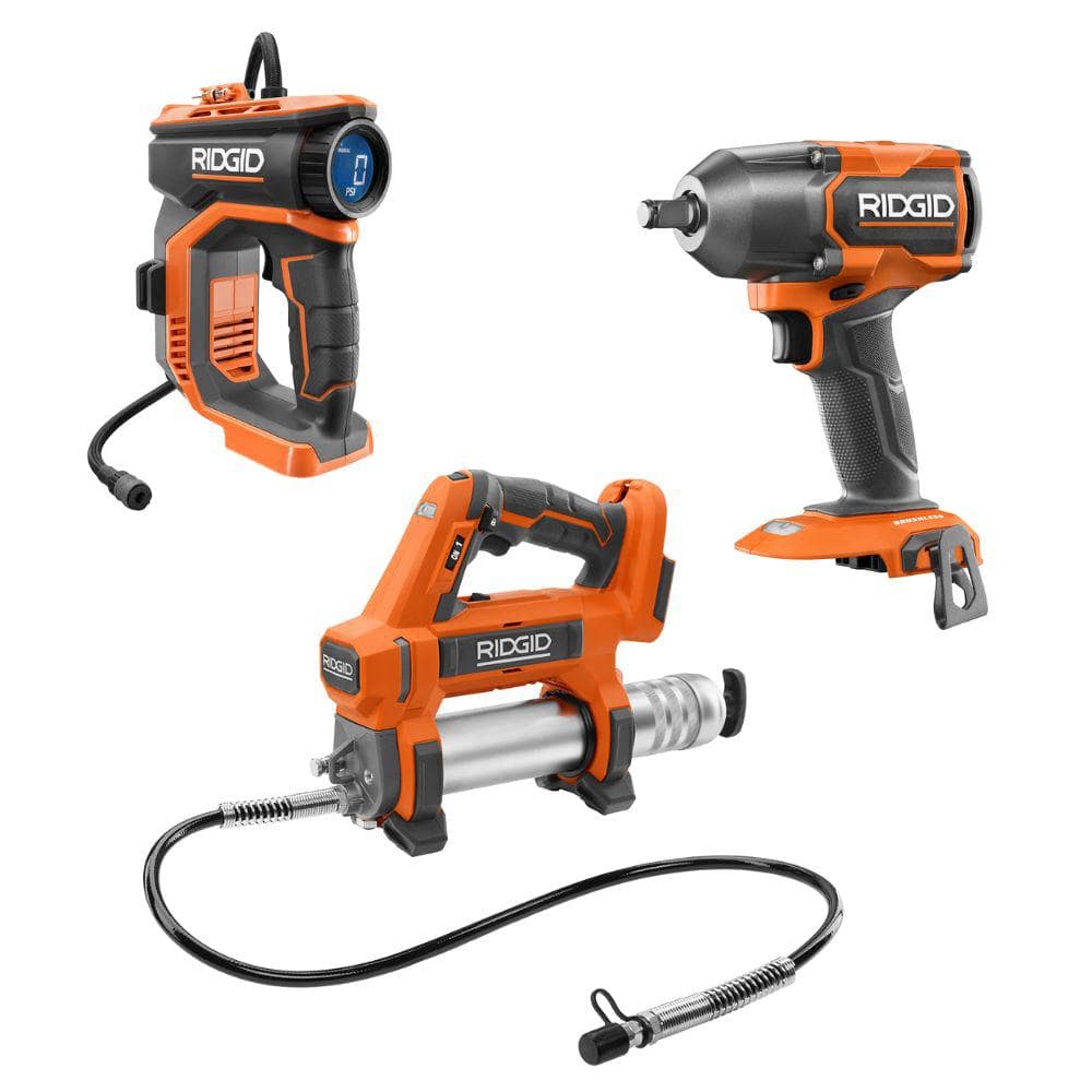 3-Tool RIDGID 18V Cordless Combo Kit: 1/2" Mid-Torque Impact Wrench, Grease Gun and Digital Inflator (Tools Only) $219 + Free Shipping