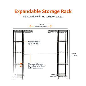 Basics Expandable Metal Hanging Storage Organizer Rack Wardrobe with Shelves, 14 inch-63 inch x 58 inch-72 inch, Black