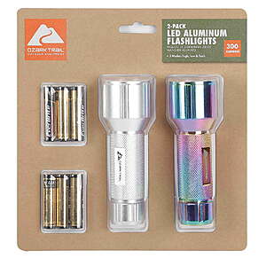 2-Pack Ozark Trail LED 300 Lumens Handheld Aluminum Flashlights w/ 6 AAA Batteries (Silver & Iridescent) $  6.05 + Free S&H w/ Walmart+ or $  35+