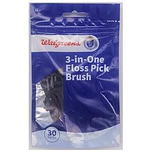 30-Count Walgreens 3-in-One Floss Pick Brush (Clear) 2 for $  1.20 + Free Store Pickup on $  10+