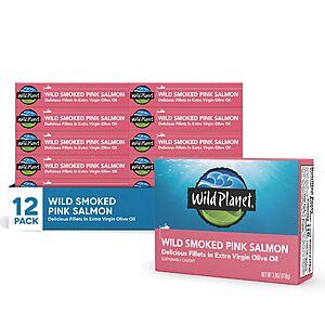 12-Pack 3.9-Oz Wild Planet Wild Smoked Pink Salmon Fillets in Extra Virgin Olive Oil $30.67 w/ S& S+ Free S&H w/ Prime or $35+