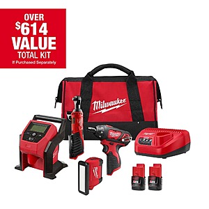 4-Tool Milwaukee M12 12V Combo (Screwdriver, Ratchet, Inflator, Light, 2x 2.0Ah) $199 + Free Shipping