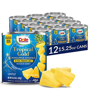 12-Count 15.25-Oz Dole Tropical Gold Pineapple Chunks in 100% Pineapple Juice (No Sugar Added) $15.27 w/ S&S + Free Shipping w/ Prime or on $35+