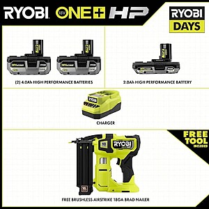 RYOBI 18V ONE+ HP Brushless Brad Nailer w/ 2x 4Ah Batteries, 2Ah Battery & Charger $199 + Free Shipping