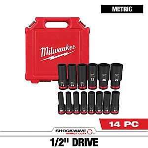 14-Piece Milwaukee SHOCKWAVE 1/2" Drive Metric Deep Well 6 Point Impact Socket Set $54.97 + Free Shipping