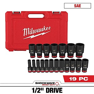 19-Piece Milwaukee SHOCKWAVE 1/2" Drive SAE 6 Point Impact Socket Set $84.97 + Free Shipping