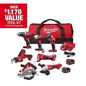 Milwaukee M18 18V 7-Tool Combo Kit w/ 2x XC3.0 Batteries, Charger & Tool Bag $499 + Free Shipping