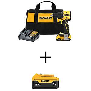 DEWALT ATOMIC 20V Lithium-Ion Cordless Compact 1/2" Drill/Driver Kit w/ Premium 5Ah Battery, 2Ah Battery, Charger and Bag $179 + Free Shipping