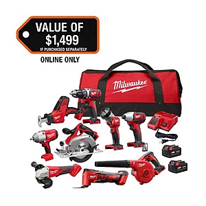 9-Tool Milwaukee M18 18V Lithium-Ion Cordless Kit w/ 2 Batteries, Charger &  Bag $649 + Free Shipping