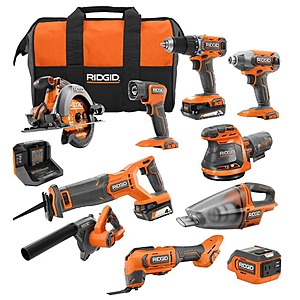RIDGID 18V Cordless 10-Tool Combo Kit with (1)2 Ah Battery, (1)4 Ah Battery, Charger, and (2) Tool Bags $429 + Free Shipping