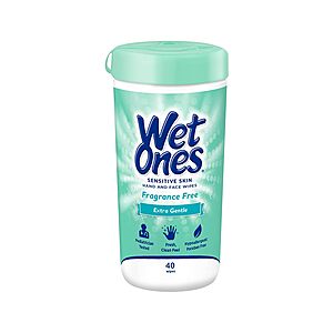 40-Ct Wet Ones Sensitive Skin Hand & Face Wipes (Fragrance Free) $1.95 w/ S&S