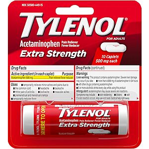 Select Accts: 10-Ct Tylenol 500mg Acetaminophen Pain Reliever Caplets $1.20 & More w/ S&S