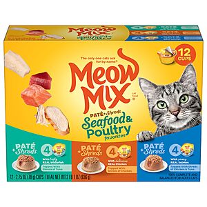 12-Pack 2.75-Ounce Meow Mix Paté & Shreds Wet Cat Food Variety Pack (Seafood & Poultry) $4.83 w/ S&S + Free Shipping w/ Prime or on $35+