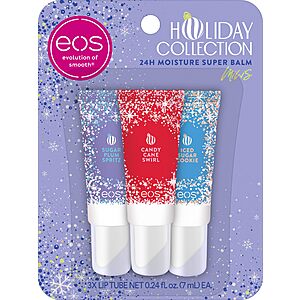 3-Pack 0.24-Ounce eos Holiday 24H Moisture Mini Super Balm Set (Sugar Plum Spritz, Candy Cane Swirl, Iced Sugar Cookie) $4.38 w/ S&S + Free Shipping w/ Prime or on $35+