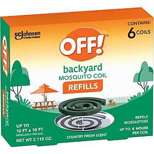 6-Ct Off! Backyard Mosquito Repellent Coil Refills (Country Fresh Scent) $4.30 w/ S&S