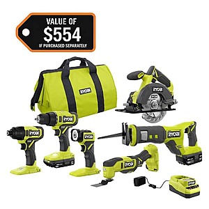 6-Tool RYOBI ONE+ 18V Cordless Combo Kit w/ 1.5Ah + 4.0Ah Batteries & Charger $199 + Free S&H